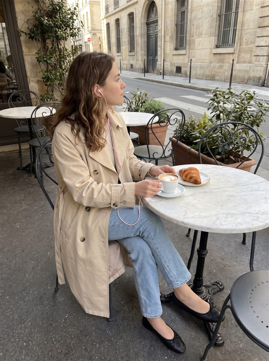 Vrouw in trenchcoat op een terras met koffie en roze oortjes