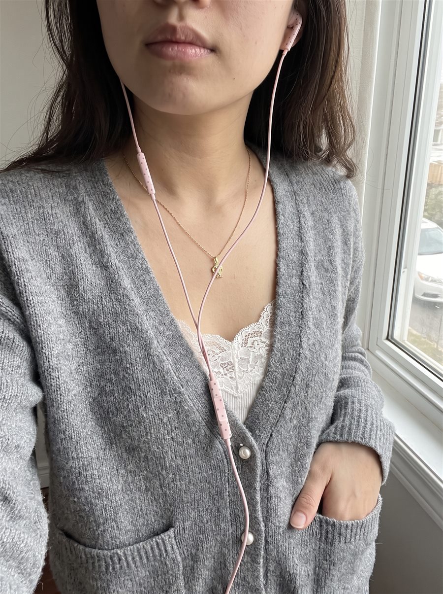 Grijs vest met parelknoopjes, kanten topje en roze oortjes